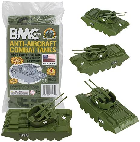 Promo Lassic Payton Anti-Aircraft Tanks – 4pc Tan Green Plastic Army Men Vehicle - Interactive Railway Play Set