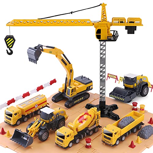Promo Construction Site Vehicles Toy Set Kids Engineering Playset Tractor Digger Crane Dump Trucks Excavator Cement Steamroller Birthday Gift For 3 4 5 Year Old Toddlers Boys Child - Hands-On Tractor Play Collection