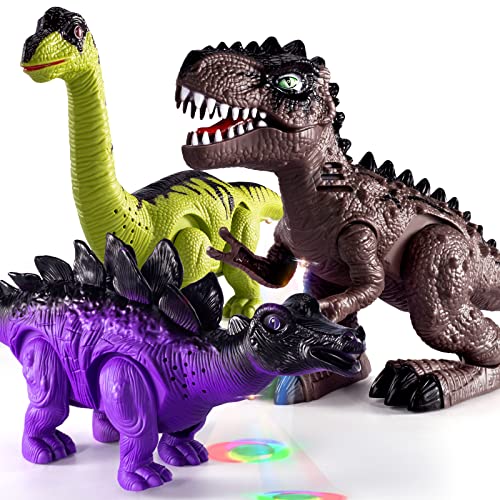 New 3 Pack Electric Walking Dinosaur Toys For Toddlers 2-4 3-5 Years With Roar Sounds And Lights Up Realistic Robot T-Rex Brachiosaurus Stegosaurus Dinosaur Figures For Kids - Creative Track-Building Edition