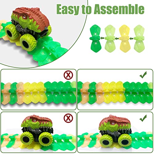 Inodoo Magic Tracks For Boys Girls Kids 144Pcs Flexible Glow In The Dark Race Track With LED Light-Up Dinosaur Race Car STEM Building Slot Car Toys well-suited Christmas Birthday Gifts For Aged 4-8 Dinosaur Race - Creative Track-Building Edition