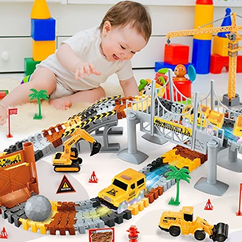 Inodoo Magic Tracks For Boys Girls Kids 144Pcs Flexible Glow In The Dark Race Track With LED Light-Up Dinosaur Race Car STEM Building Slot Car Toys well-suited Christmas Birthday Gifts For Aged 4-8 Dinosaur Race - Creative Track-Building Edition