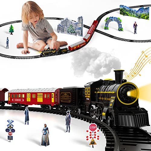 Electric Christmas Train Set For Kids Battery-Powered Train Toys With Sounds Include 4 Cars And 10 Tracks Classic Toy Train Set For 3 4 5 6 Years Old Boys Girls - Interactive Railway Play Set