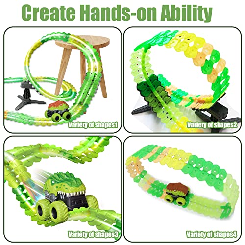 Inodoo Magic Tracks For Boys Girls Kids 144Pcs Flexible Glow In The Dark Race Track With LED Light-Up Dinosaur Race Car STEM Building Slot Car Toys well-suited Christmas Birthday Gifts For Aged 4-8 Dinosaur Race - Creative Track-Building Edition