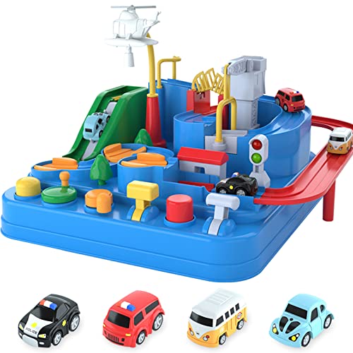 Preschool Educational Car Toys Gifts Puzzle Car Race Tracks Race Track Toys For Boy Car Adventure Toy For 3 4 5 6 7 8 Years Old Kids (Blue Helicopter Car) - Creative Track-Building Edition