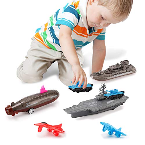 Aircraft Carrier Pullback Mini Military Toy Playset With Fighter Jets Stealth Bomber Tank Warship Submarine (8 Pieces) - Naval-Themed Activity Set
