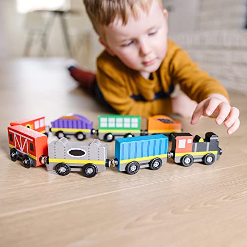 Wooden Train Cars (8 Pcs) – Magnetic Train Wooden Train Toys Train Sets For Toddlers And Kids Ages 3+ - Interactive Railway Play Set