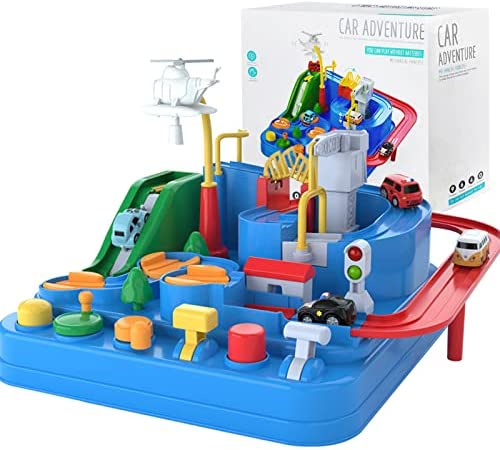 Preschool Educational Car Toys Gifts Puzzle Car Race Tracks Race Track Toys For Boy Car Adventure Toy For 3 4 5 6 7 8 Years Old Kids (Blue Helicopter Car) - Creative Track-Building Edition