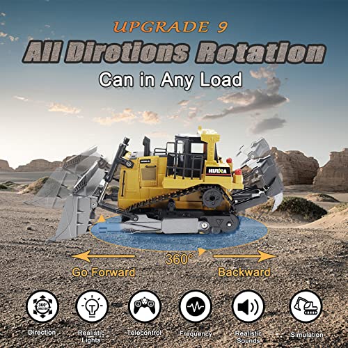 Bnam Remote Control Bulldozer RC 1/16 Full Functional Construction Vehicle 2.4Ghz 9 Channel Dozer Front Loader Toy With Light And Sound For Kids Age 6 7 8 9 10 And Up Years Old - Hands-On Tractor Play Collection