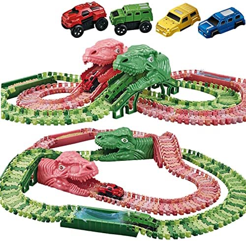 Dinosaur Toys For Kids 3-5 245 Pcs Dino Race Car Track Create A Dinosaur World Road Race With Flexible Train Track Playset 2 Electric Dinosaur Race Cars Toy,well-suited Gift For 3 4 5 Years Old Boys Girls Pink - Creative Track-Building Edition