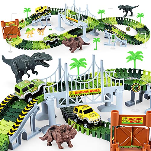 Deals Dinosaur Toys-187 Pcs Create A Dinosaur World Road Race Flexible Track Playset 4 Dinosaurs-2 Race Cars For 3 4 5 6 Years Up Old Boys Girls well-suited Gift - Creative Track-Building Edition