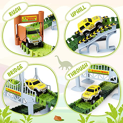 Deals Dinosaur Toys-187 Pcs Create A Dinosaur World Road Race Flexible Track Playset 4 Dinosaurs-2 Race Cars For 3 4 5 6 Years Up Old Boys Girls well-suited Gift - Creative Track-Building Edition