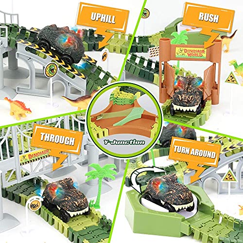 174 PCS Dinosaur Toys Race Track Flexible Train Tracks With 8 Dinosaurs Figures 2 Electric Race Cars Vehicle Playset With Lights To Create A Dinosaur World Road Race For Toddlers Kids Boys Girls - Creative Track-Building Edition