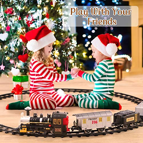 Electric Christmas Train Set For Kids Battery-Powered Train Toys With Sounds Include 4 Cars And 10 Tracks Classic Toy Train Set For 3 4 5 6 Years Old Boys Girls - Interactive Railway Play Set