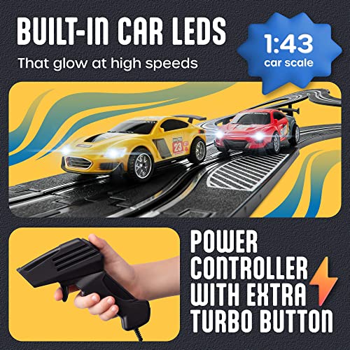 Slot Car Race Track Sets – Battery Or Electric Race Car Track With 4 Cars Dual Electric Race Track W/ 2 Remotes Lap Counter & Lights For Girls & Boys Age 8-12 - Creative Track-Building Edition