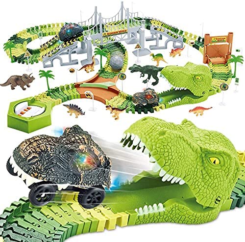 174 PCS Dinosaur Toys Race Track Flexible Train Tracks With 8 Dinosaurs Figures 2 Electric Race Cars Vehicle Playset With Lights To Create A Dinosaur World Road Race For Toddlers Kids Boys Girls - Creative Track-Building Edition
