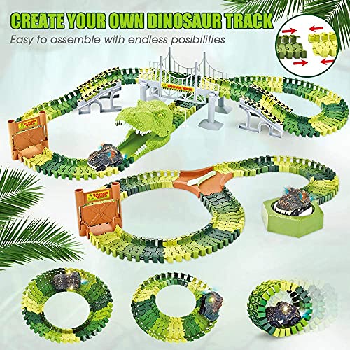 174 PCS Dinosaur Toys Race Track Flexible Train Tracks With 8 Dinosaurs Figures 2 Electric Race Cars Vehicle Playset With Lights To Create A Dinosaur World Road Race For Toddlers Kids Boys Girls - Creative Track-Building Edition