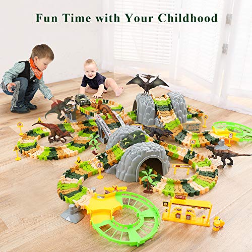 New Dinosaur Train Toys For Kids Longer Track 6 Realistic Jurassic Dino Figures 2 Electric Toy Car Twisted Flexible Train Track Set For Toddlers Boys & Girls 3 4 5 6 7 Years - Creative Track-Building Edition
