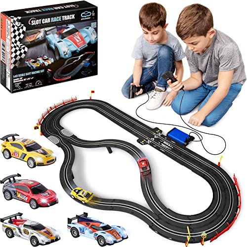 Slot Car Race Track Sets – Battery Or Electric Race Car Track With 4 Cars Dual Electric Race Track W/ 2 Remotes Lap Counter & Lights For Girls & Boys Age 8-12 - Creative Track-Building Edition