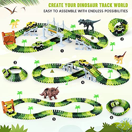 Deals Dinosaur Toys-187 Pcs Create A Dinosaur World Road Race Flexible Track Playset 4 Dinosaurs-2 Race Cars For 3 4 5 6 Years Up Old Boys Girls well-suited Gift - Creative Track-Building Edition