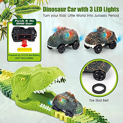 174 PCS Dinosaur Toys Race Track Flexible Train Tracks With 8 Dinosaurs Figures 2 Electric Race Cars Vehicle Playset With Lights To Create A Dinosaur World Road Race For Toddlers Kids Boys Girls - Creative Track-Building Edition