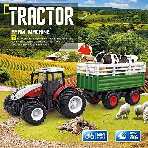 RC Tractor Remote Control Farm Truck With Trailer 1/24 Scale 2.4Ghz Electronic Tractor Farm Vehicle Toy With Light For Kids Age 5 6 7 8 9 And Up Years Old - Hands-On Tractor Play Collection